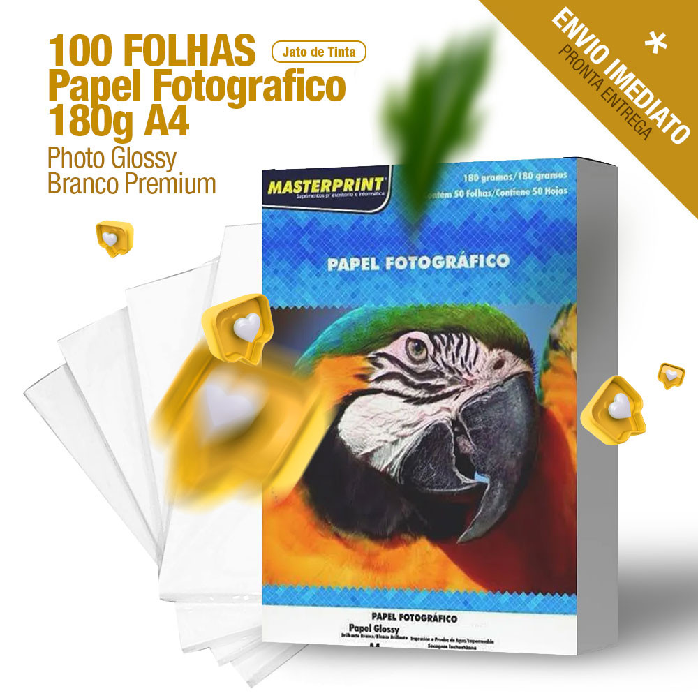 100 folhas Papel Fotografico 180g A4 Photo Glossy Branco Premium - Masterprint Jato de Tinta para grafica rapida studio em Oferta na Shopee
