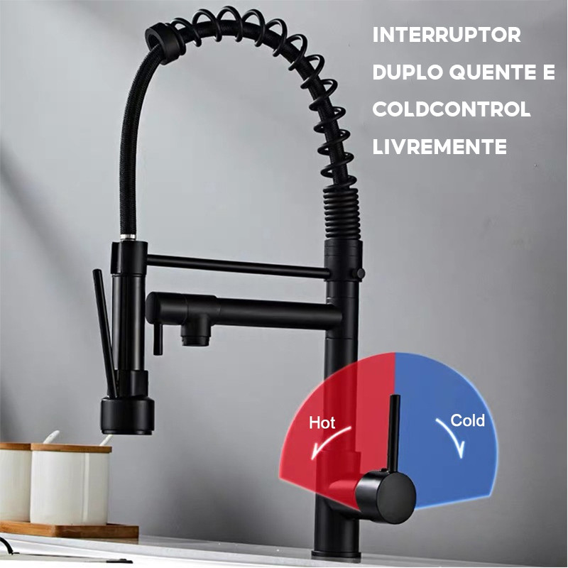 Torneira Duplo JatoCozinha Gourmet Com Filtro Sem Refil - Spray de Pia 360° Extensor Dourado (Água Fria e Quente)