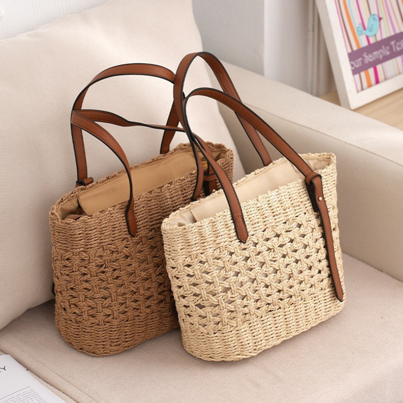 Bolsa de palha oca versátil, bolsa de ombro feminina, bolsa tote para praia e férias à beira-mar