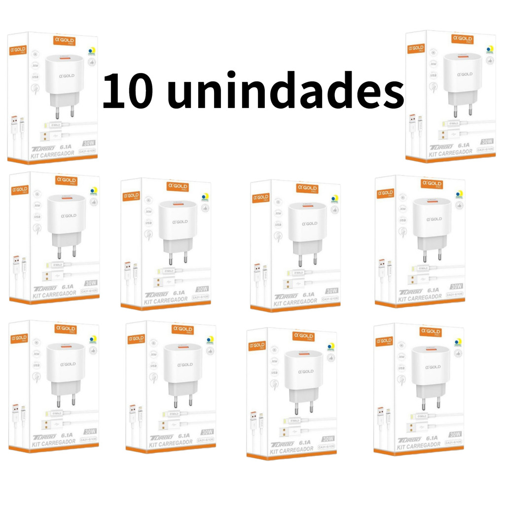 Kit 4 6 e 10 pcs Cabo e Carregador A’Gold 6.1a Tipo C/IOS/CA31