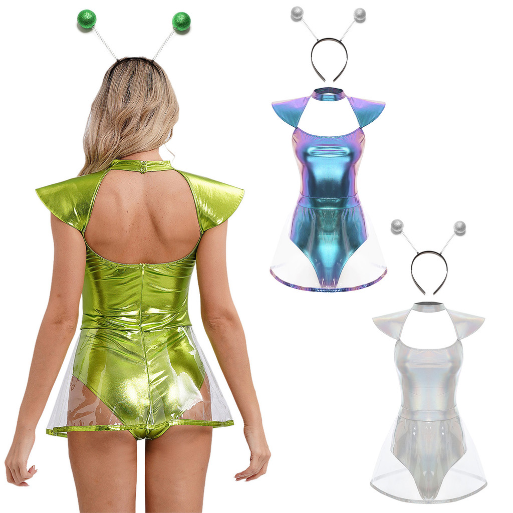 Yeahdor Fantasia Feminina De Cosplay De Alienígena Espacial , Cuecas Recortadas Com Manga Voadora E Saia De PVC , Body D em Oferta na Shopee