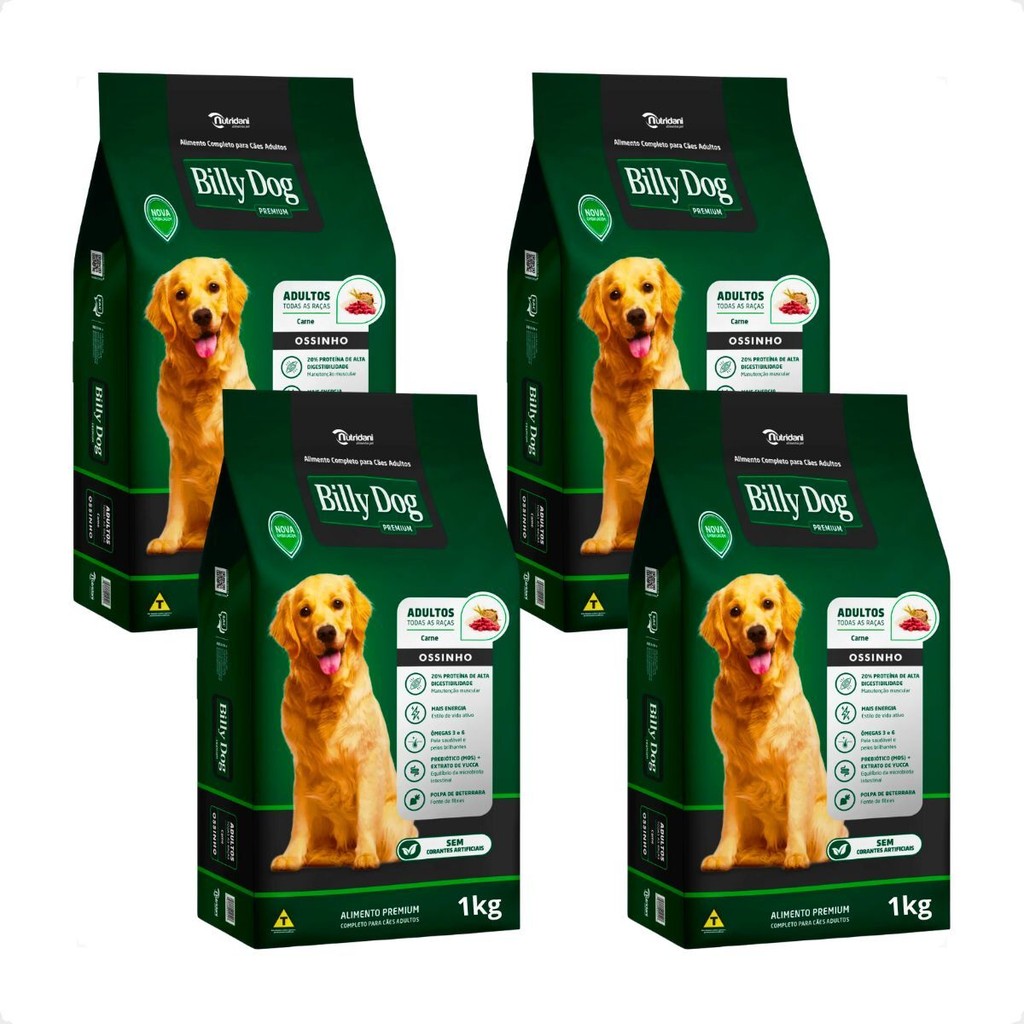 Kit 4 Ração Billy Dog Cães Adultos Ossinho Carne - 1Kg em Oferta na Shopee