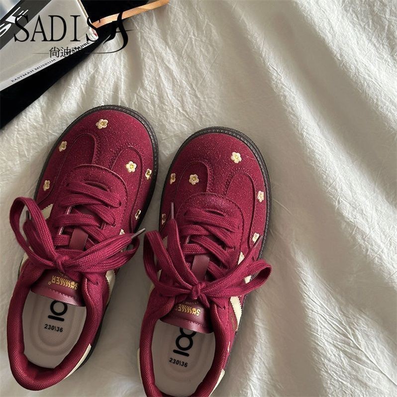 Tênis Retrô Vermelho Bordado Flor Plana Com Cadarço Para Mulheres , Novos Sapatos De Tabuleiro , Na Moda