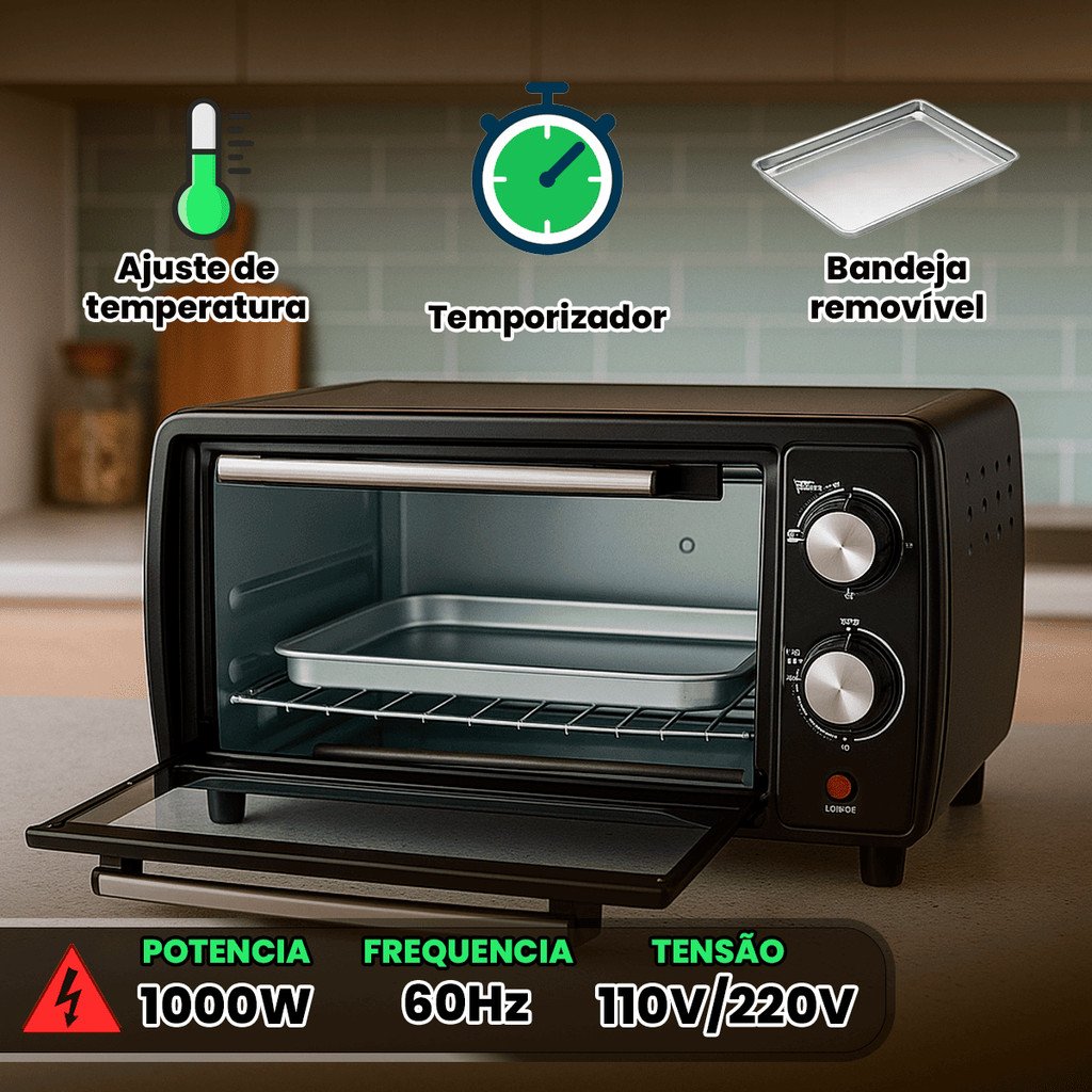 Forno Elétrico 10L 110v com Desligamento Automático, Timer e Temperatura Ajustável