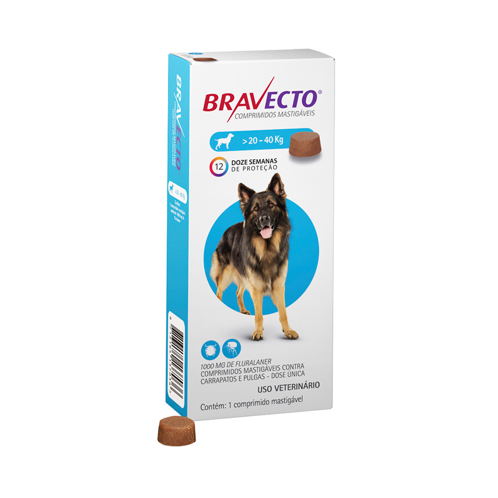 ANTIPULGAS E CARRAPATO BRAVECTO DE 20KG A 40KG COMPRIMIDO 1000MG PARA CACHORRO DURAÇÃO 3 MESES