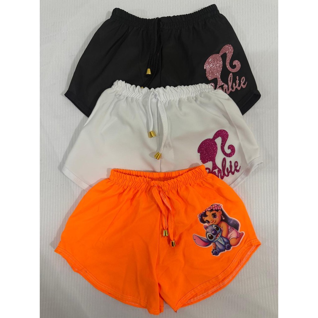 Kit C/3 Shorts Tactel estampado infantil Feminino Soltinho E Confortável 6meses a 10 anos