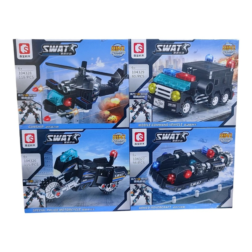 Kit 4 caixas SWAT Blocos de Montar 411 Peças 4 Veículos Táticos: Caminhão, Barco, Helicóptero e Jipe