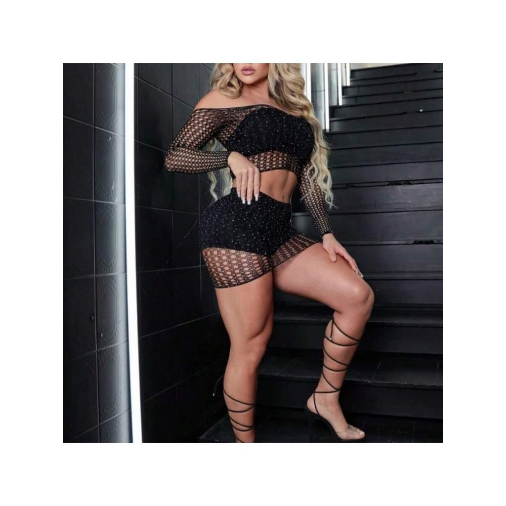 Conjunto Pedraria Cropped Manga Longa + Saia Curtinha Balada