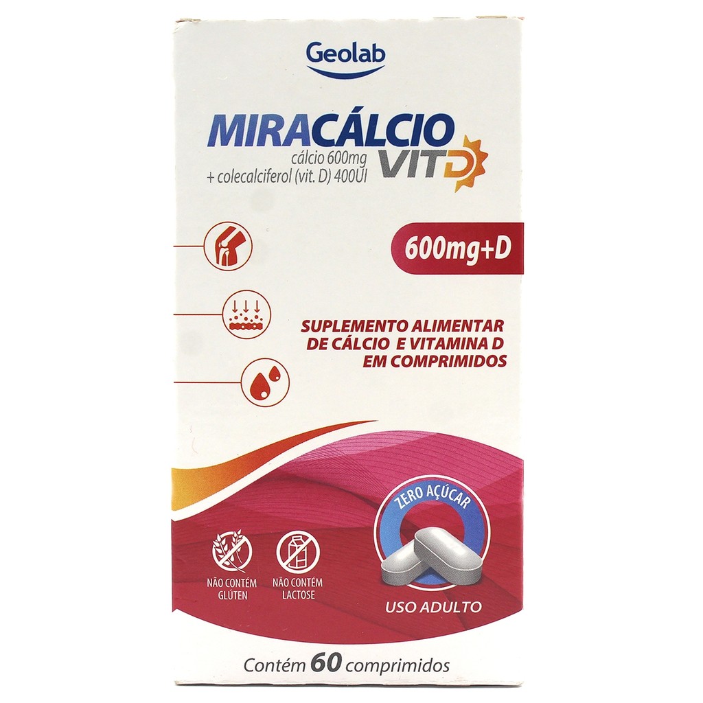 Miracalcio Cálcio + Vitamina D 600mg 60 cápsulas – Suplemento para Ossos e Imunidade