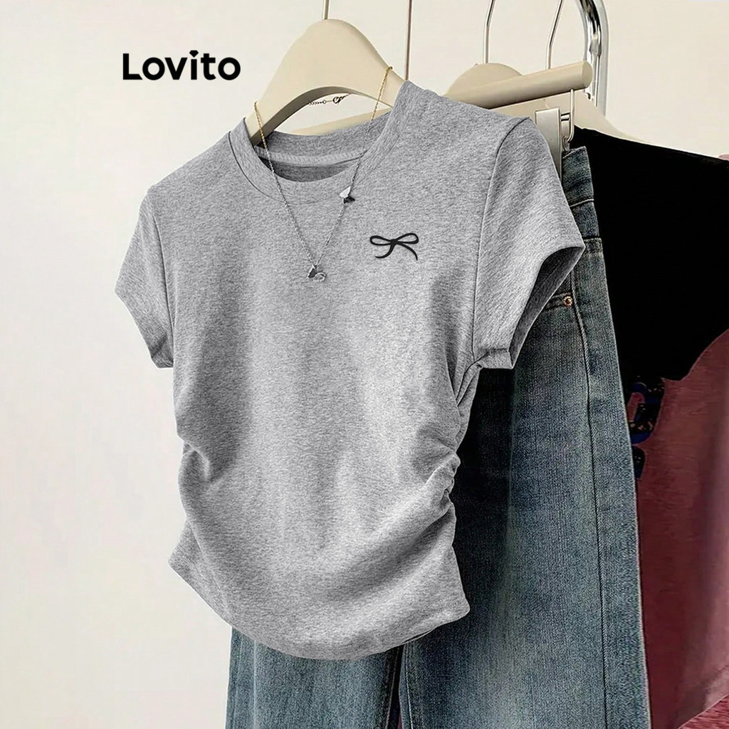 (Trendy) Lovito Camiseta Fofa Com Laço Liso Frontal Plissada Para Mulheres L114AD717
