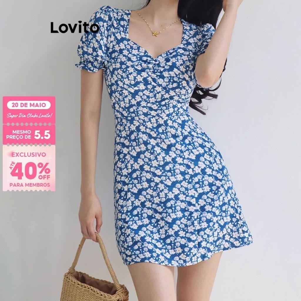 (Trendy) Lovito Vestido Casual Ditsy Floral Plissado Manga Bufante Para Mulheres L62ED140 (Multicolorido) em Oferta na Shopee