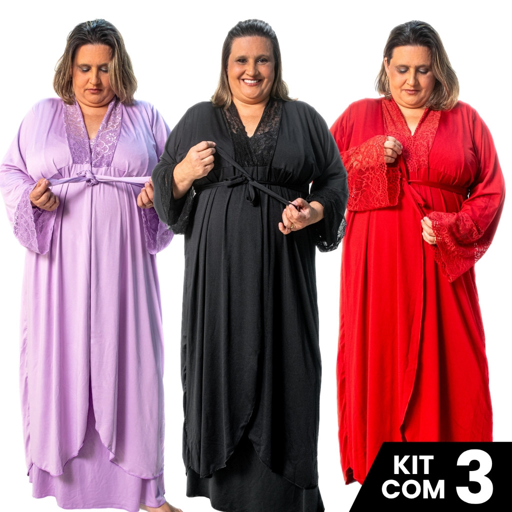 Kit 3 Robes Feminino Longo Plus Size  Com Faixa Gestante Maternidade Pós Parto Roupa Dormir e Banho