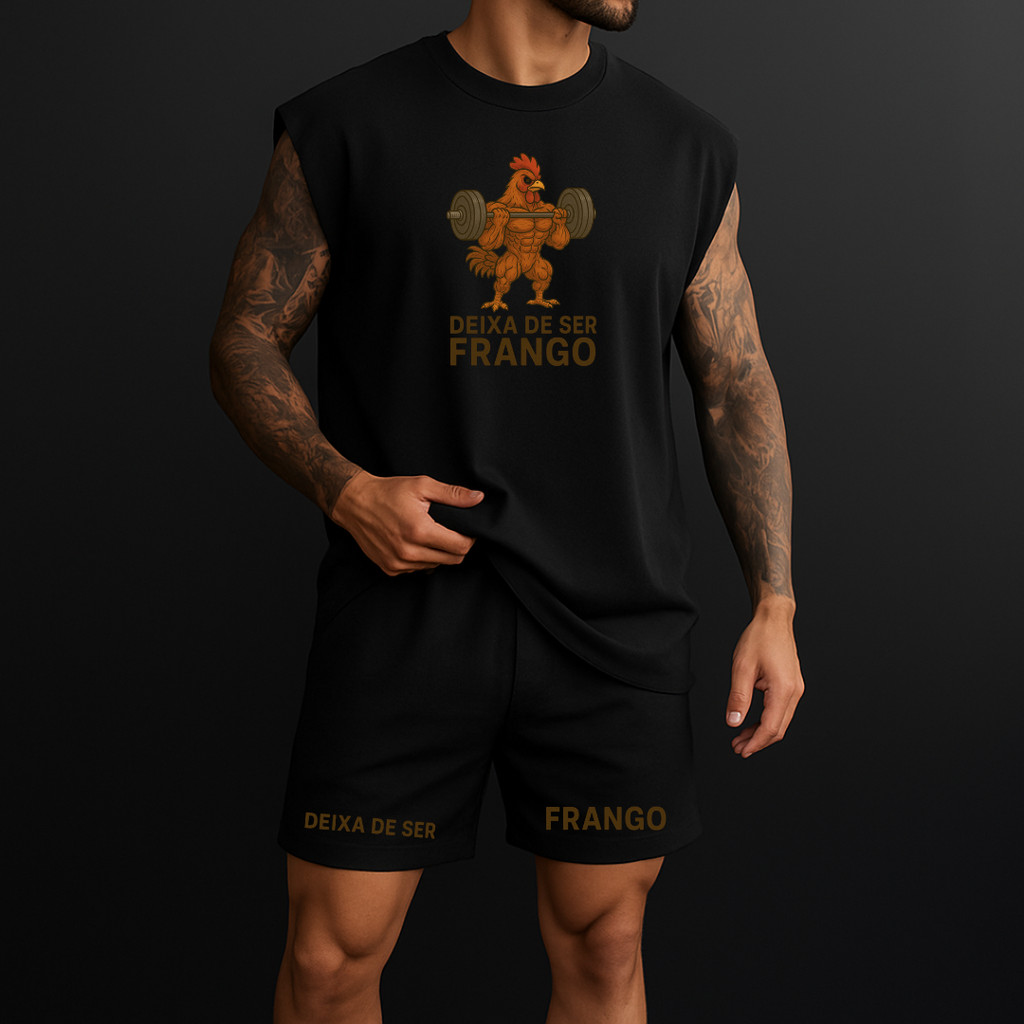 conjunto regata oversized e short de tactel de academia másculino estampada deixa de ser frango