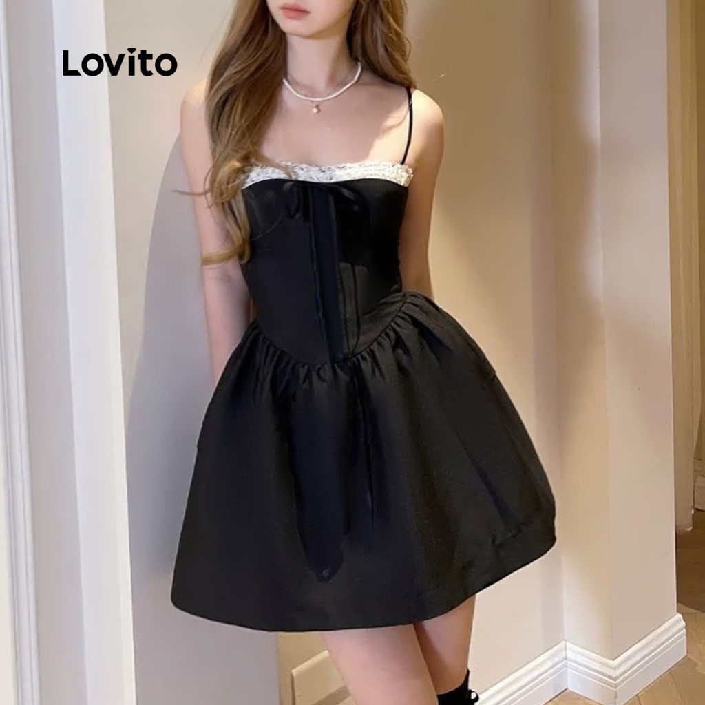 (Trendy) Lovito Vestido Casual De Renda Com Laço Drapeado Vestido De Verão/Primavera Para Mulheres L125AD191 - Women Clothes