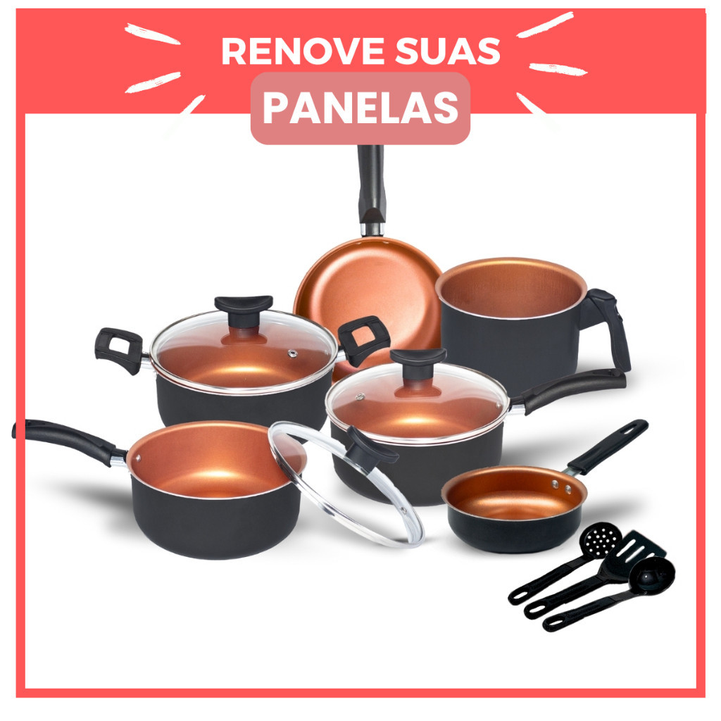 Jogo de Panelas Kit 9 Pçs Antiaderente Tampa Vidro Teflon - Panelas, Frigideiras, Caçarola, leiteira e talheres.