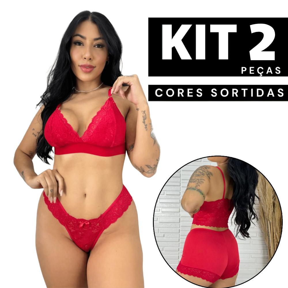 Kit 2/1 Conjunto Feminino Sutiã Sem Bojo e Calcinha Renda Top Sexy Confortável Espera Marido Barato