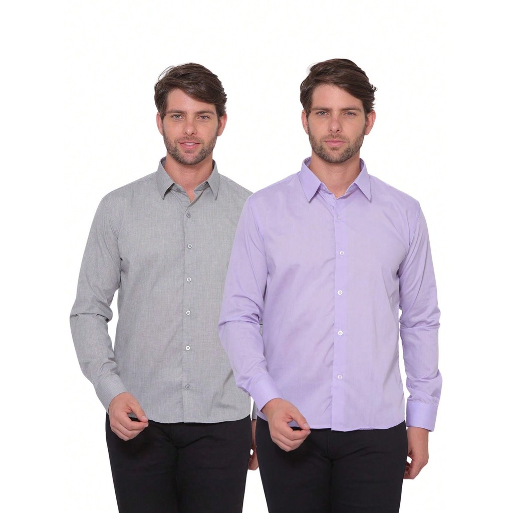 KIT Masculino 2 Peças - Camisa Social Masculina Premium Tipo Linho Smoke e Camisa Social Slim Manga Longa Lilás
