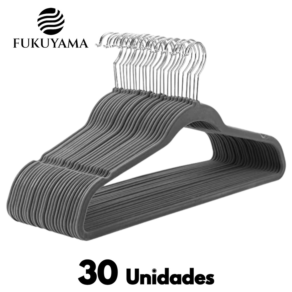 KIT 30 CABIDES ADULTO DE VELUDO ULTRA FINO CINZA FUKUYAMA Com Gancho Giratório 360° Antideslizante