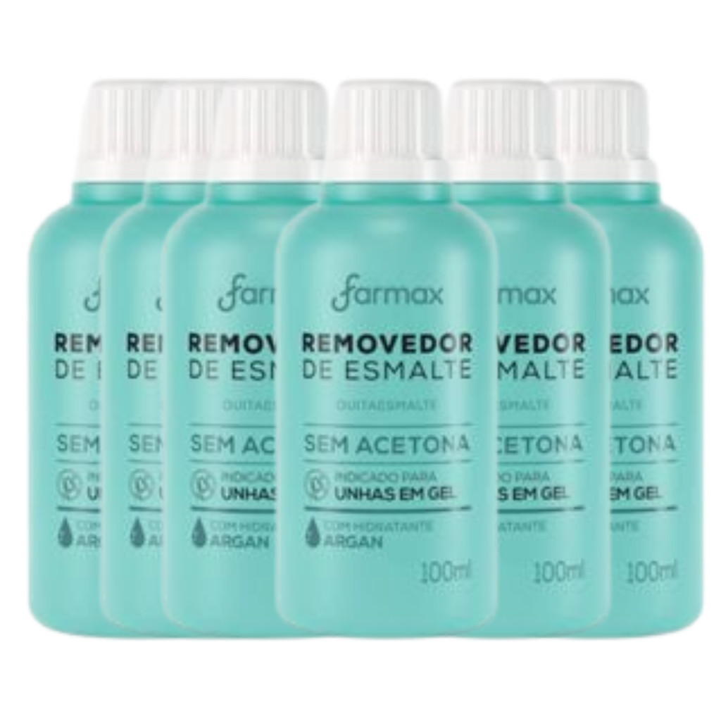Kit 6 Removedor Farmax Argan Sem Acetona 100 ml Glicerina Nutritivo Unhas em Gel Hidratação Suave