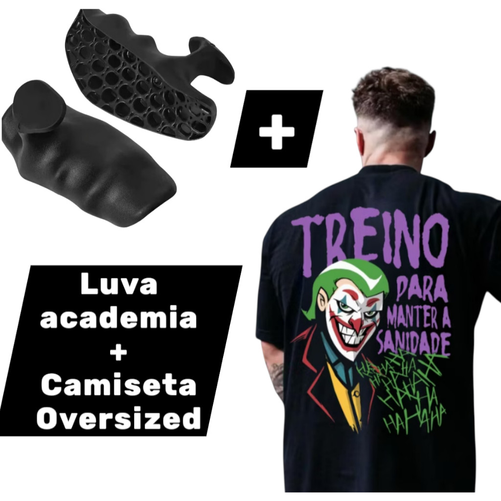 Kit Camiseta Academia Masculina Oversized Moda Academia 100% Algodão + 1 par de Luva de academia
