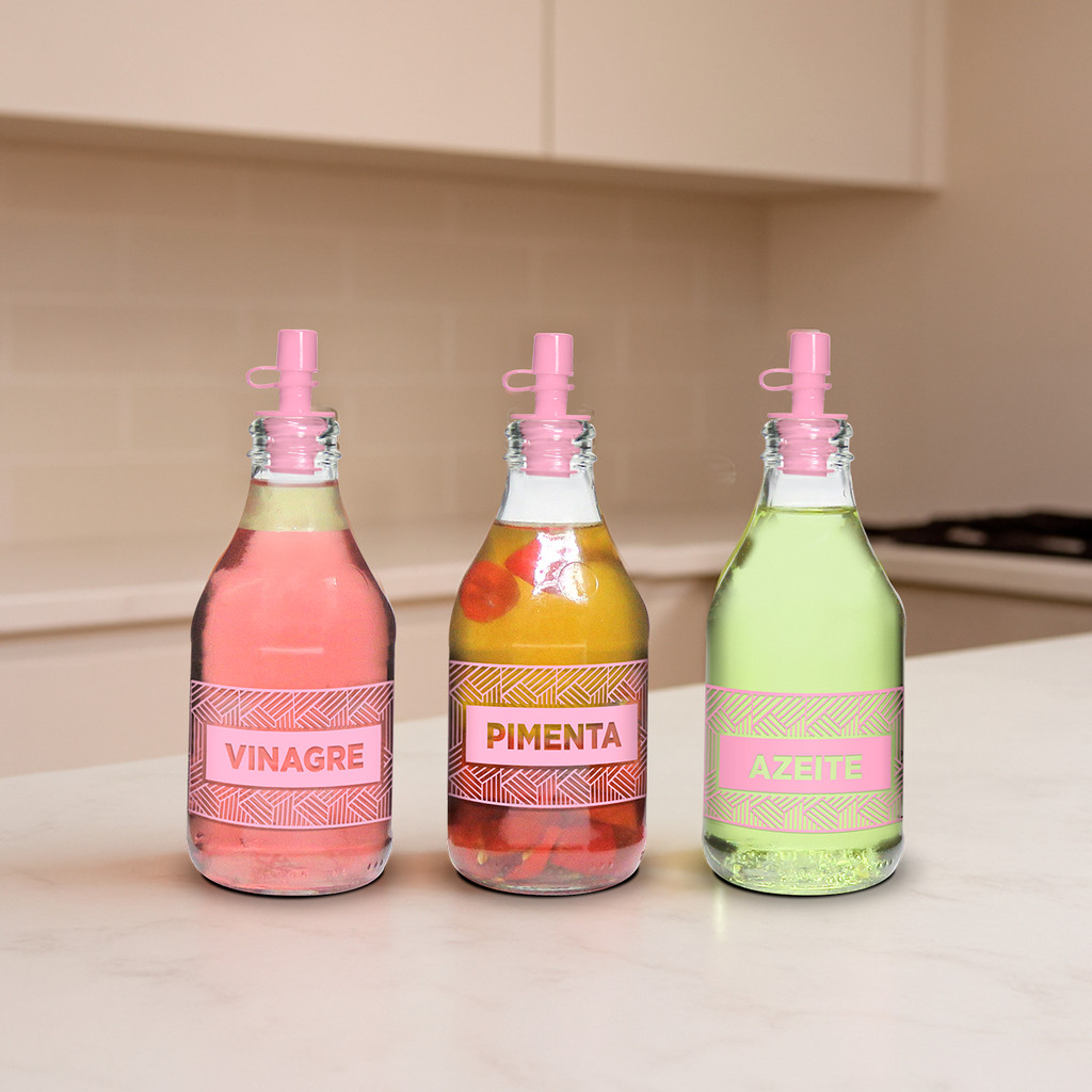 Kit C/ 3 Galheteiros 200ml - Azeite / Vinagre / Pimenta