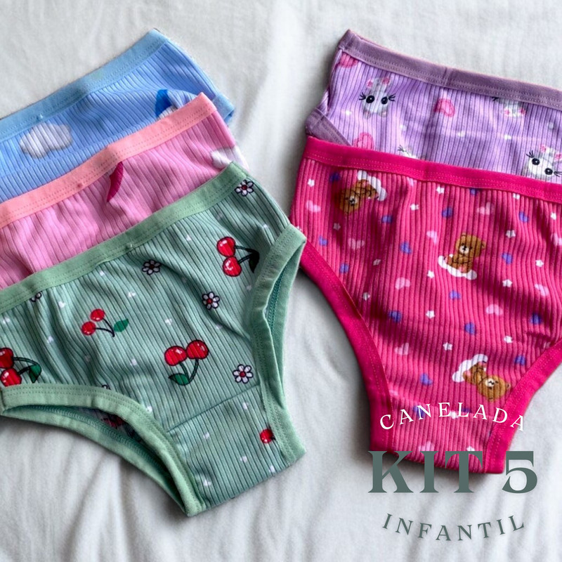 Kit 5 Calcinha Infantil Menina Moça Canelada Algodão Estampada Confortável 4 a 10 Anos