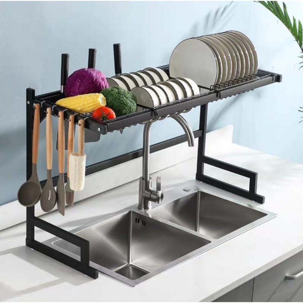 Escorredor De Louça Suspenso Preto Aço Inox Organizador Para Cozinha 85cm Pratos Talheres Escorredor Premium