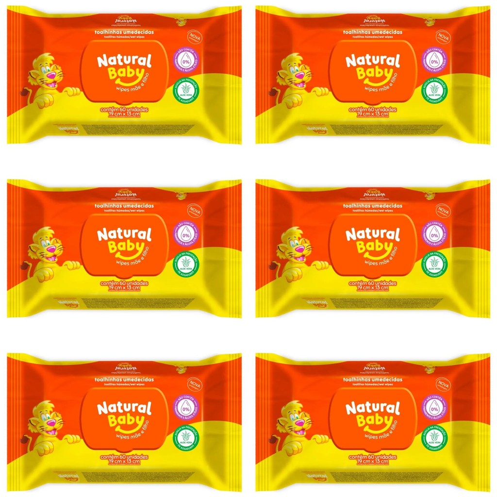 kit 6 pacotes de Toalhas Umedecidas Natural Baby 60 unidades em Oferta na Shopee