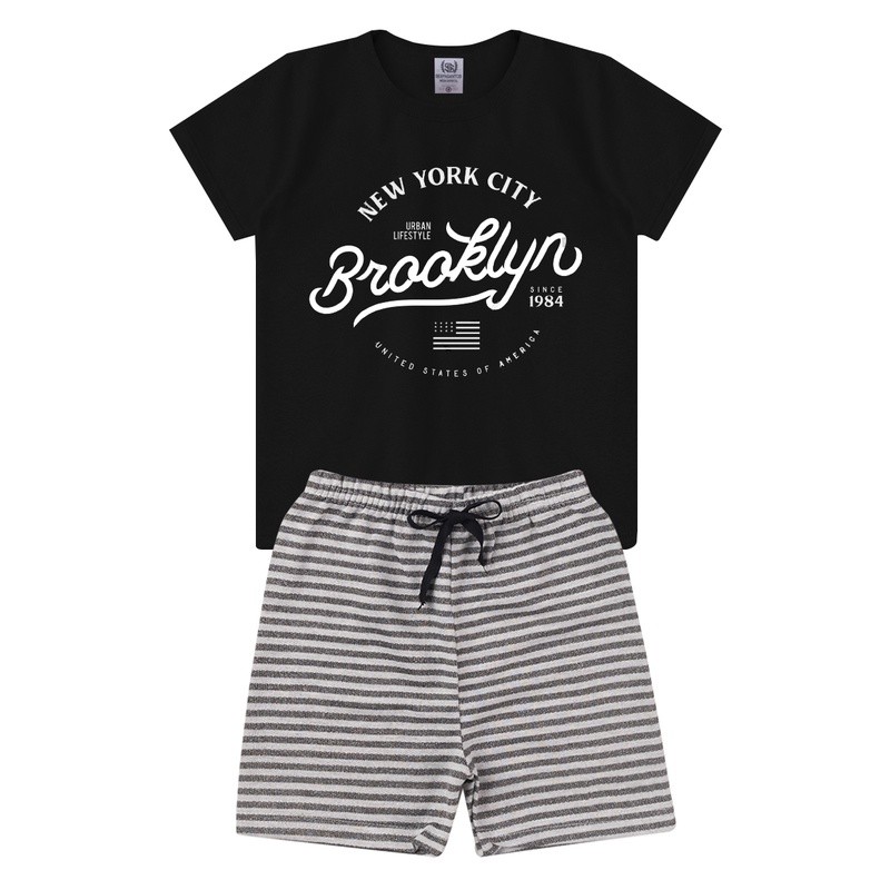 Conjunto Infantil Brooklyn Preto Masculino - Duas Peças: Bermuda + Camiseta - Tamanho 02 a 14
