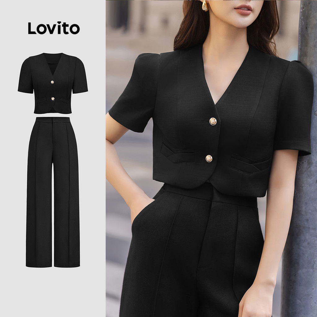 Lovito Conjuntos elegantes de calças com zíper e botão liso para mulheres L129ED323 em Oferta na Shopee