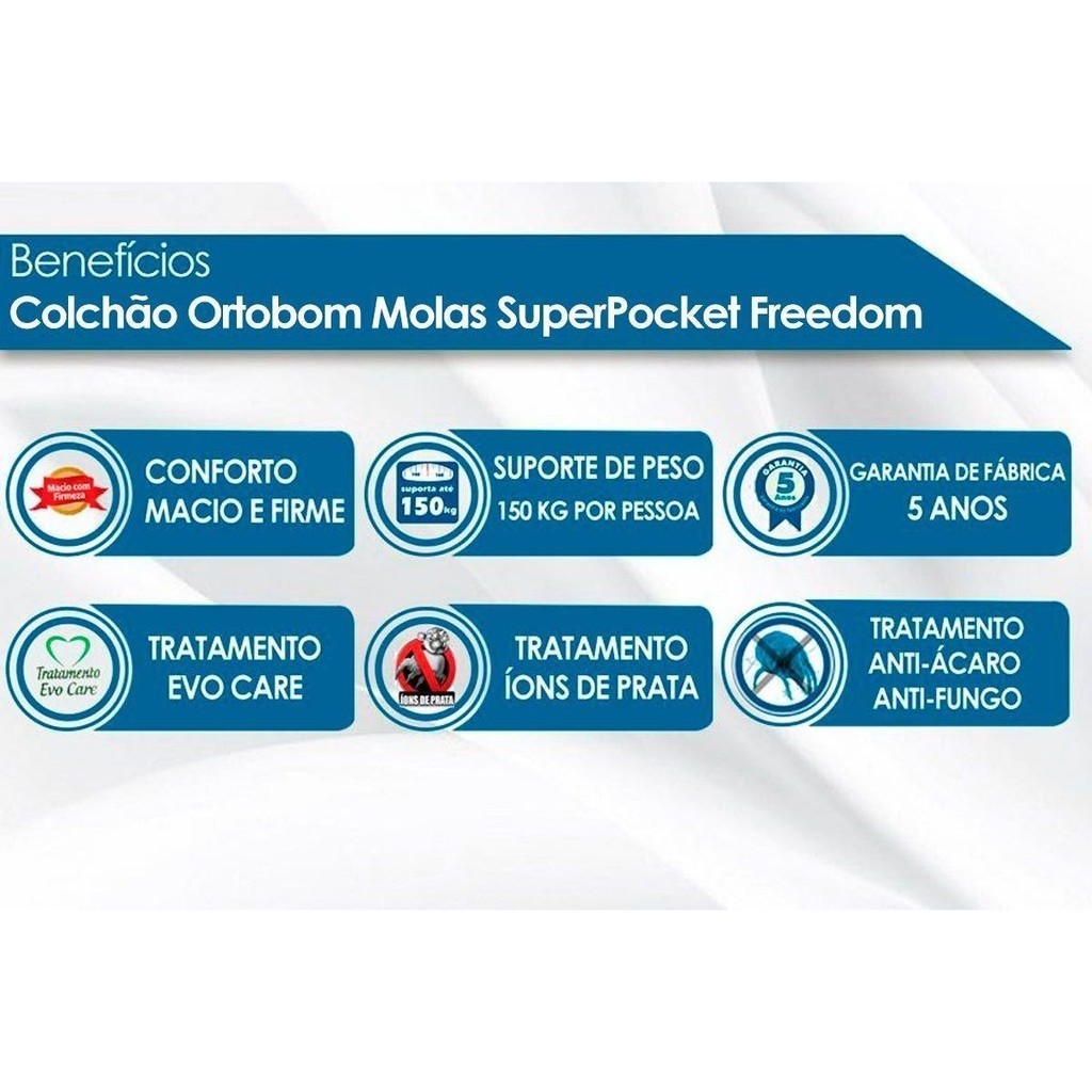Colchão Solteiro Molas Ensacadas Visco SuperPocket Freedom OrtoPillow (88x188x32) - Ortobom — imagem 2 de 2