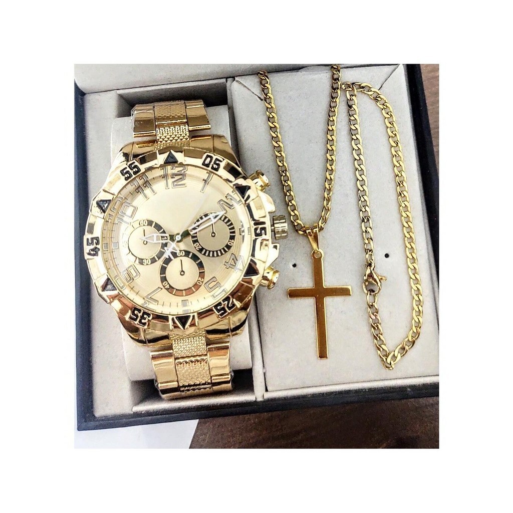 Kit Conjunto Relógio Masculino aço + corrente cruz pingente e pulseira banhado a ouro 18k