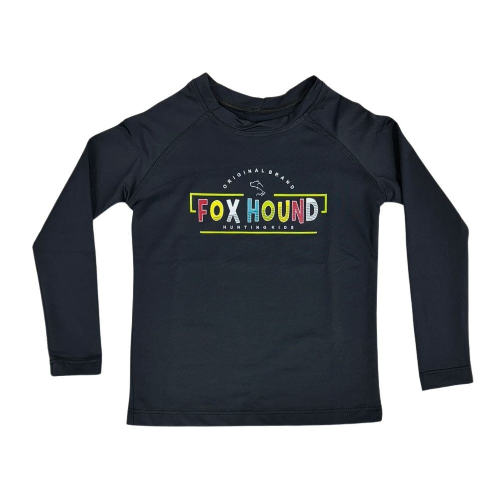 Camiseta Infantil Fox Hound Preta Manga Longa UV50+ Com Logo Colorida Para Praia Piscina