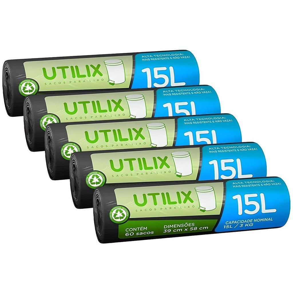 Kit 5 Sacos Para Lixo Preto 15L 60un Utilix - Dover Roll em Oferta na Shopee