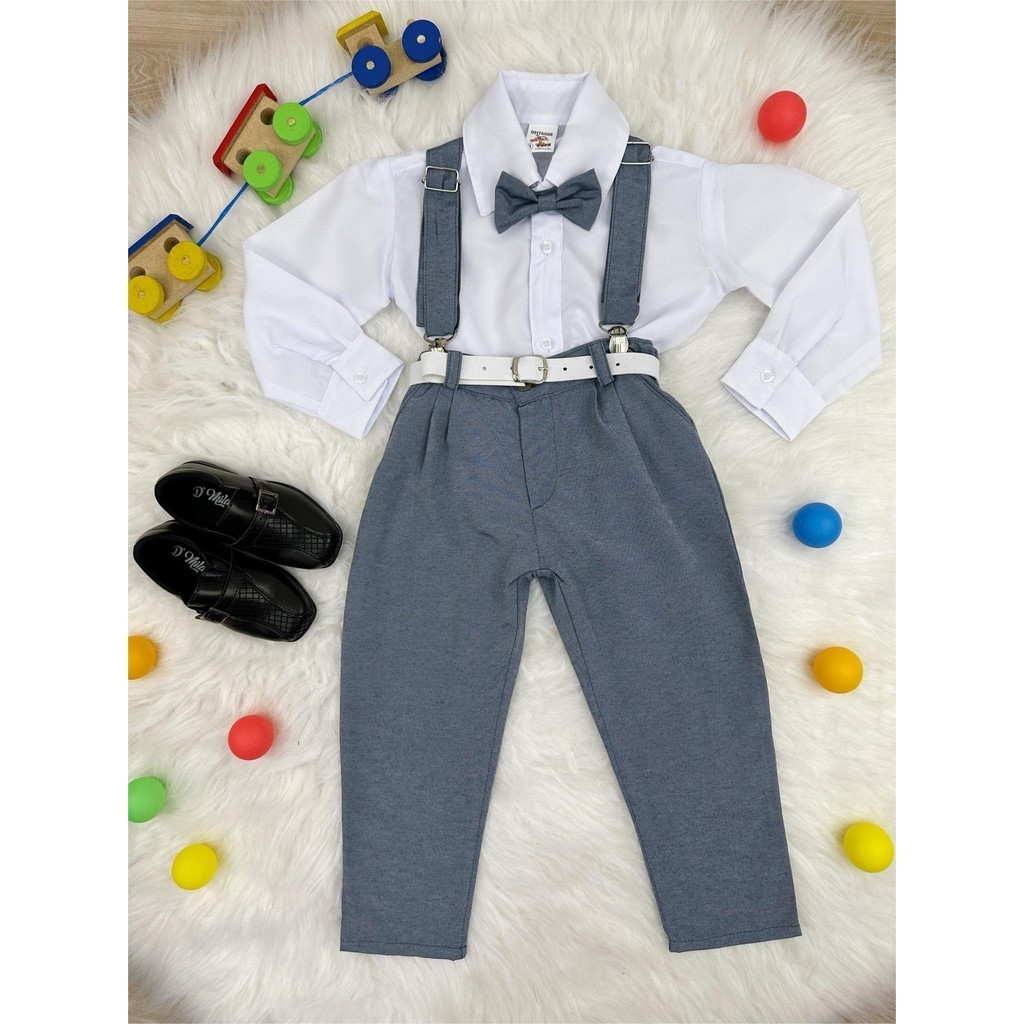 Conjunto Social Conjunto Social Para Pajem Formaturas e Príncipes Camisa Branca Calça Gravata e Susp. Cinza