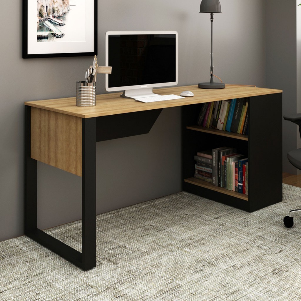 Mesa para Escritório 1 Prateleira Me4182 Amêndoa/Preto - Tecno Mobili em Oferta na Shopee