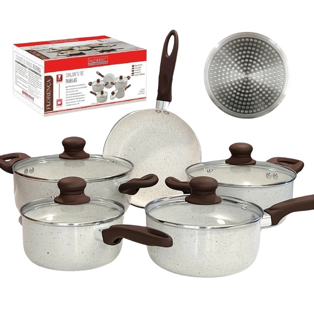 Conjunto de Panelas Indução Florença Vanila 5 Peças Revestimento Cerâmico Antiaderente