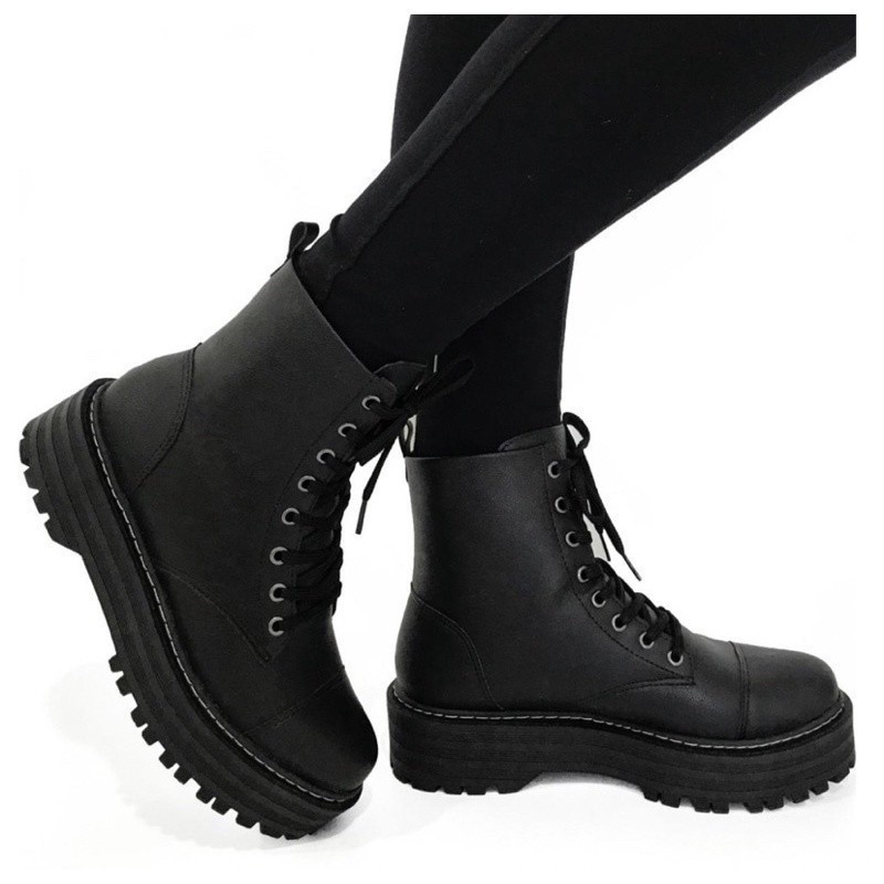 Bota Botinha Coturno Feminino Blogueira Tratorada Plataforma Confort Luxo Preto Fosco