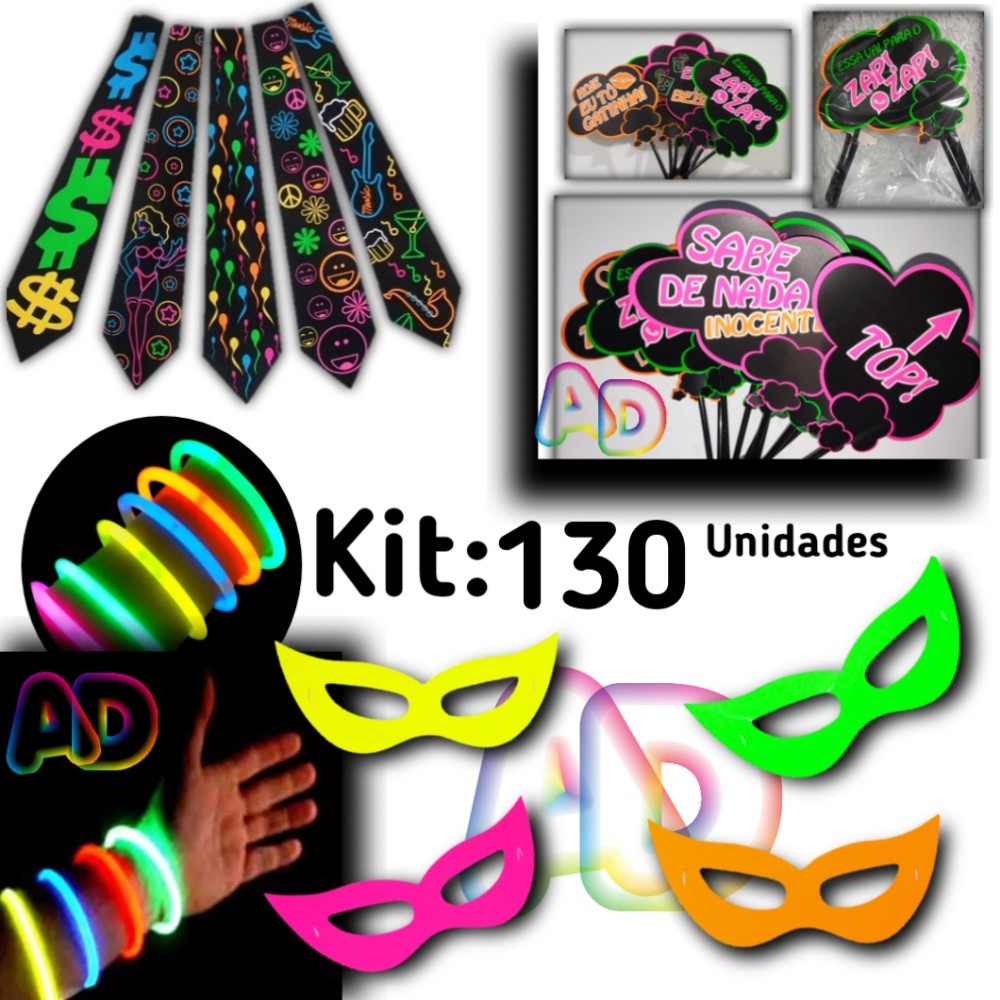 Kit Neon 130un, Gravatas, Máscara, Plaquinha, Pulseira Festa , Aniversário, Casamento, Balada, Formatura, adereços