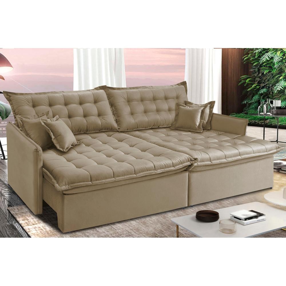 Sofá Sem Caixa Retrátil e Reclinável 1,55m Cama inBox Versátil Suede Velusoft Bege - Home & Living