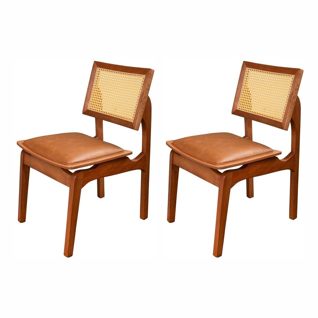 Conjunto com 2 Cadeiras de Madeira 100% Maciça Tauari e Rattan Natural com Assento Estofado Daren Li 2 - Home & Living