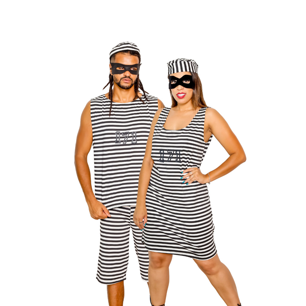 Fantasia de Casal Presidiário Listrado 171 Irmãos Metralha Regata Bandido Adulto Carnaval Halloween Cosplay