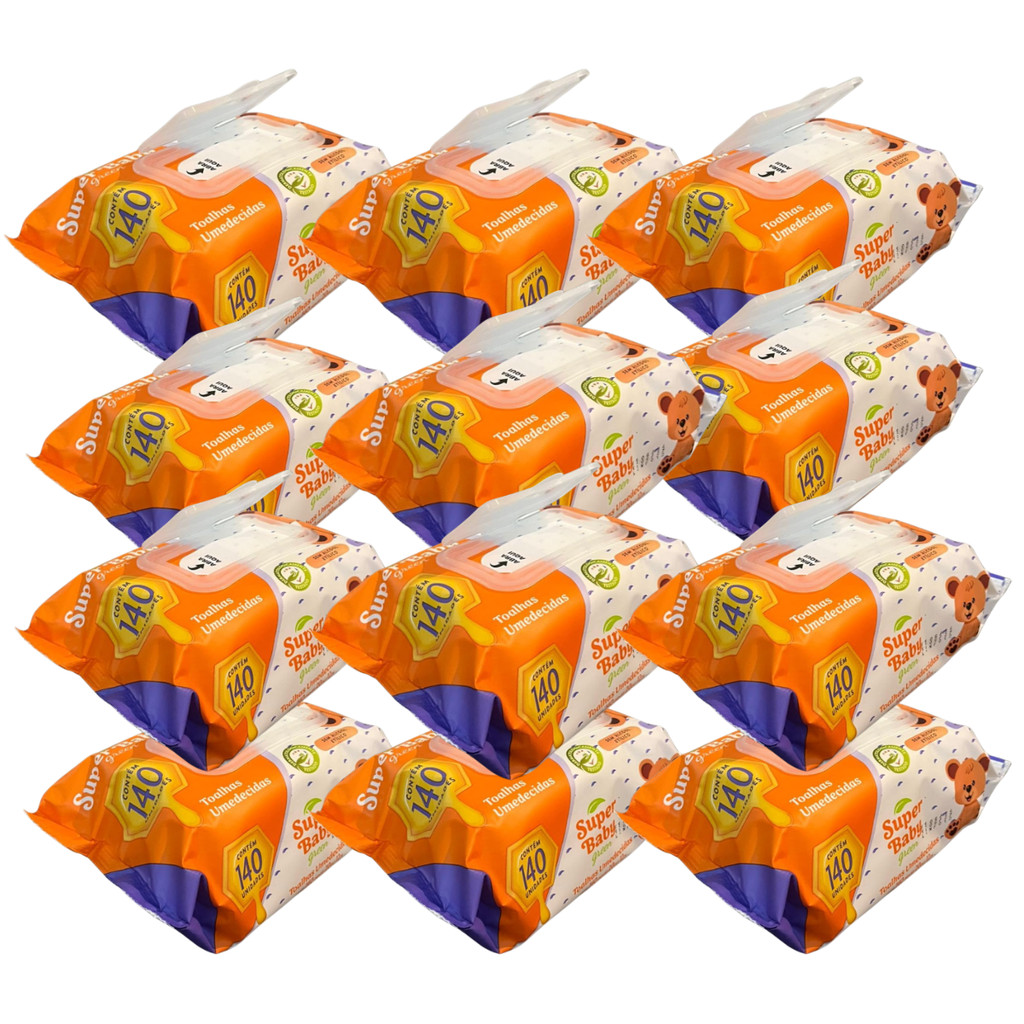 Kit 1680 Toalhas Umedecidas Super Baby 20 x 12 Cm = 12 Pacotes Com 140 Toalhas Em Cada Pacote