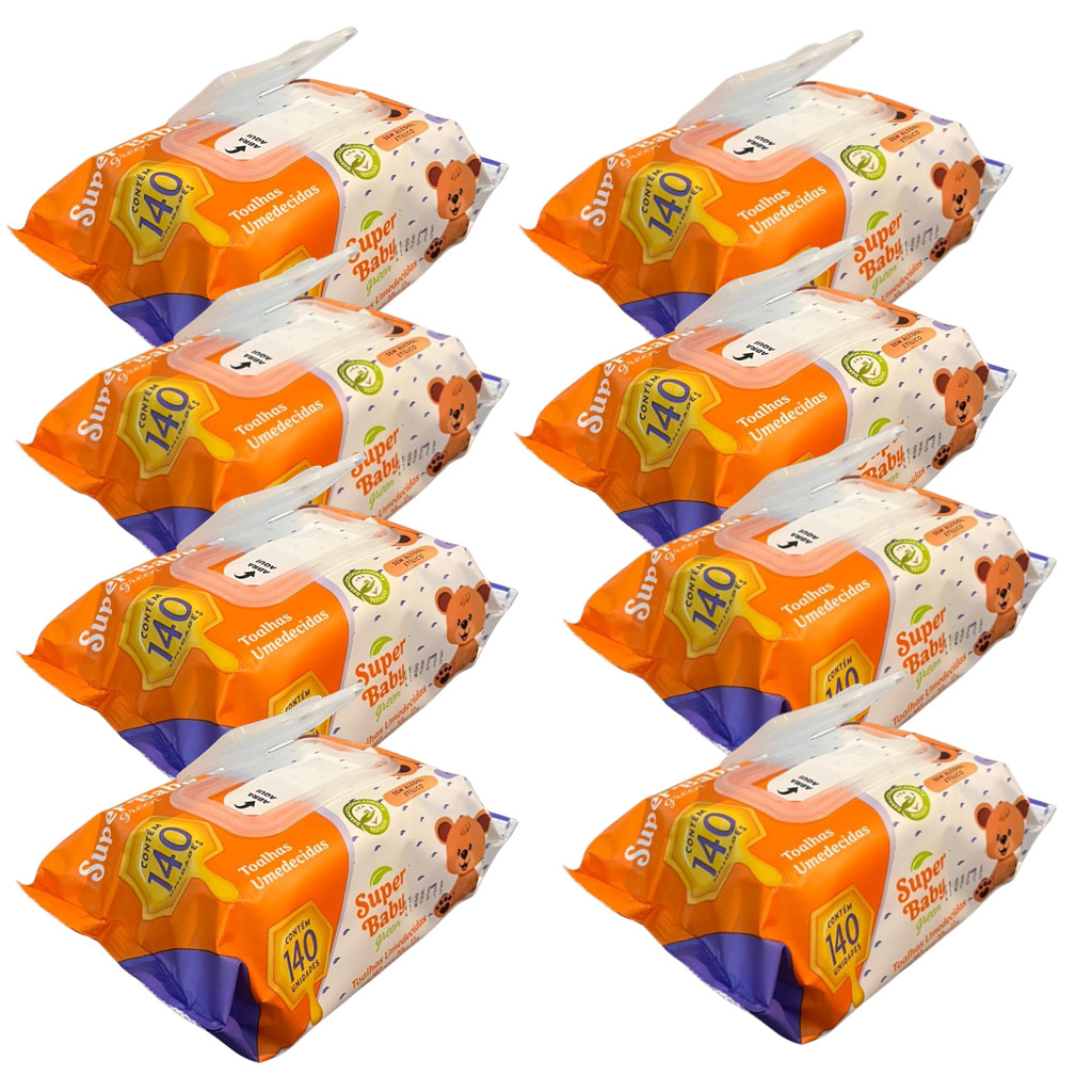 Kit com 1120 Toalhas Umedecidas Super Baby 20 x 12 cm = 8 pacotes com 140 toalhas cada