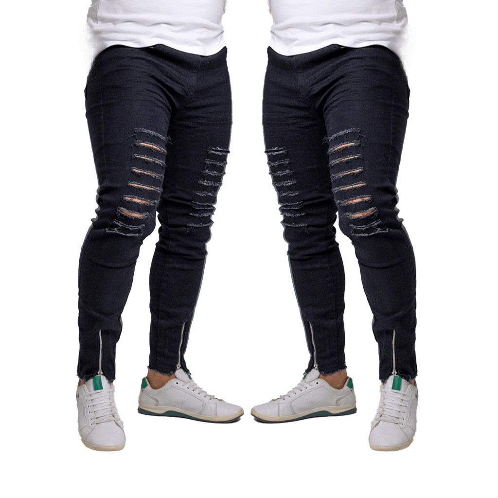 KIT 2 Calça Masculina Jeans Preta Rasgada Ziper c/ Elasticidade  - Lycra Elastano