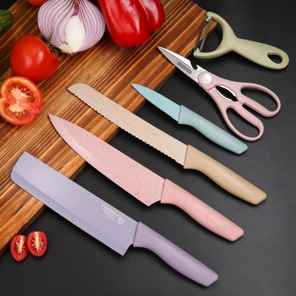 Imagem Kit de Conjunto Facas Coloridas Tesoura Descascador Cozinha Gourmet 6 Peças