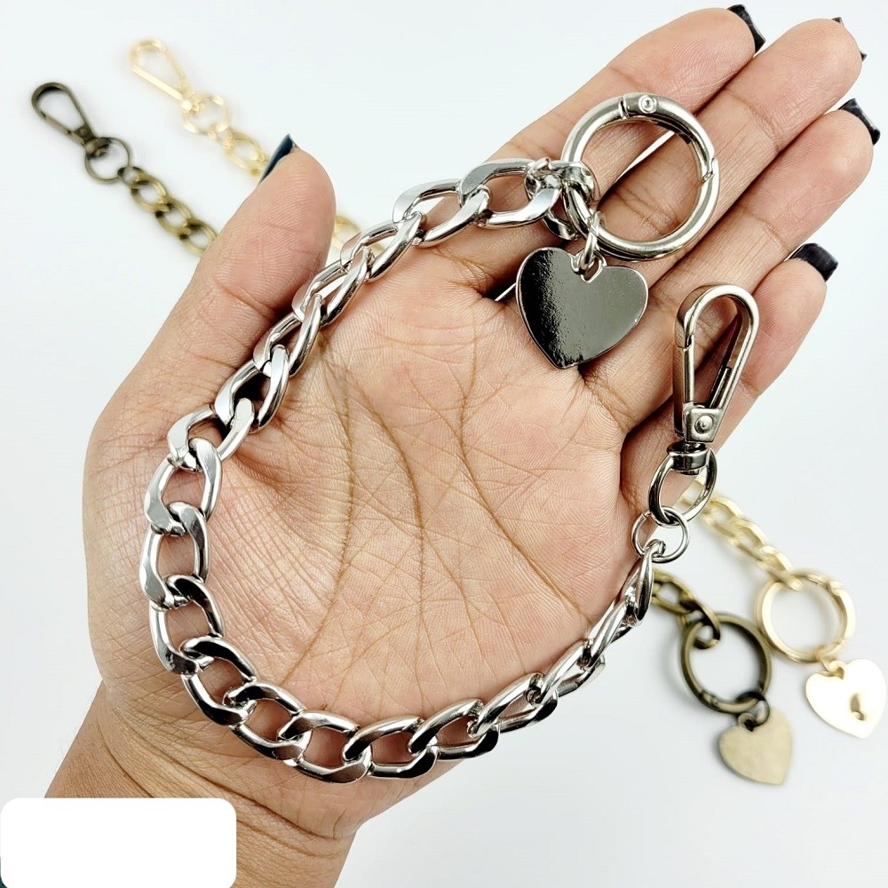 Alça de Bolsa Corrente com Mosquetão, Argola Articulada e Pingente Coração Níquel – Alça Metálica