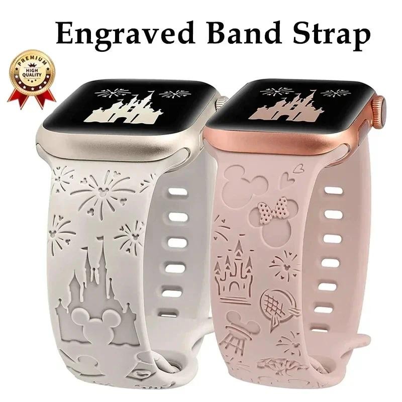 Silicone Mickey Disney Gravado Floral Pulseira Bonito Para Apple Watch S10 42mm 46mm iWatch Série 9 8 7 6 SE 5 4 3 49/45/44/42/41/40/38mm