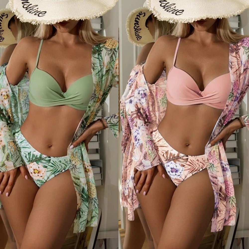 Biquini Feminino com Bojo Maiô Feminino Saída de Praia  Fato de Banho Feminino Elegante de 3 Peça Biquíni Cintura Alta