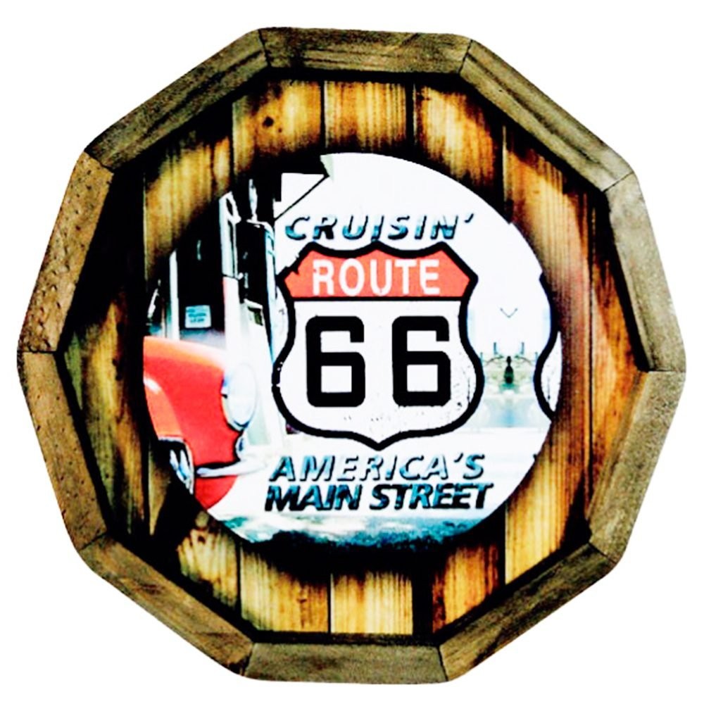 Quadro Tampa de Barril em Madeira Rústica - Route 66